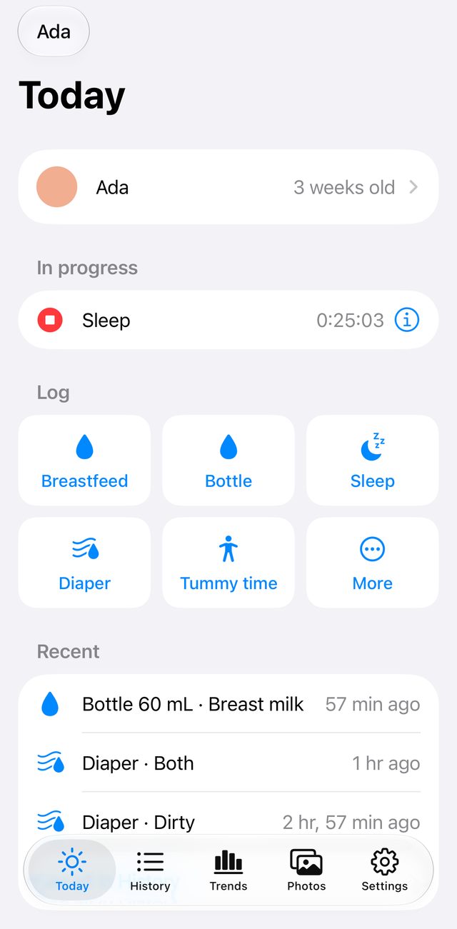 The Today screen with large buttons to log a breastfeed, bottle, sleep, diaper or tummy time